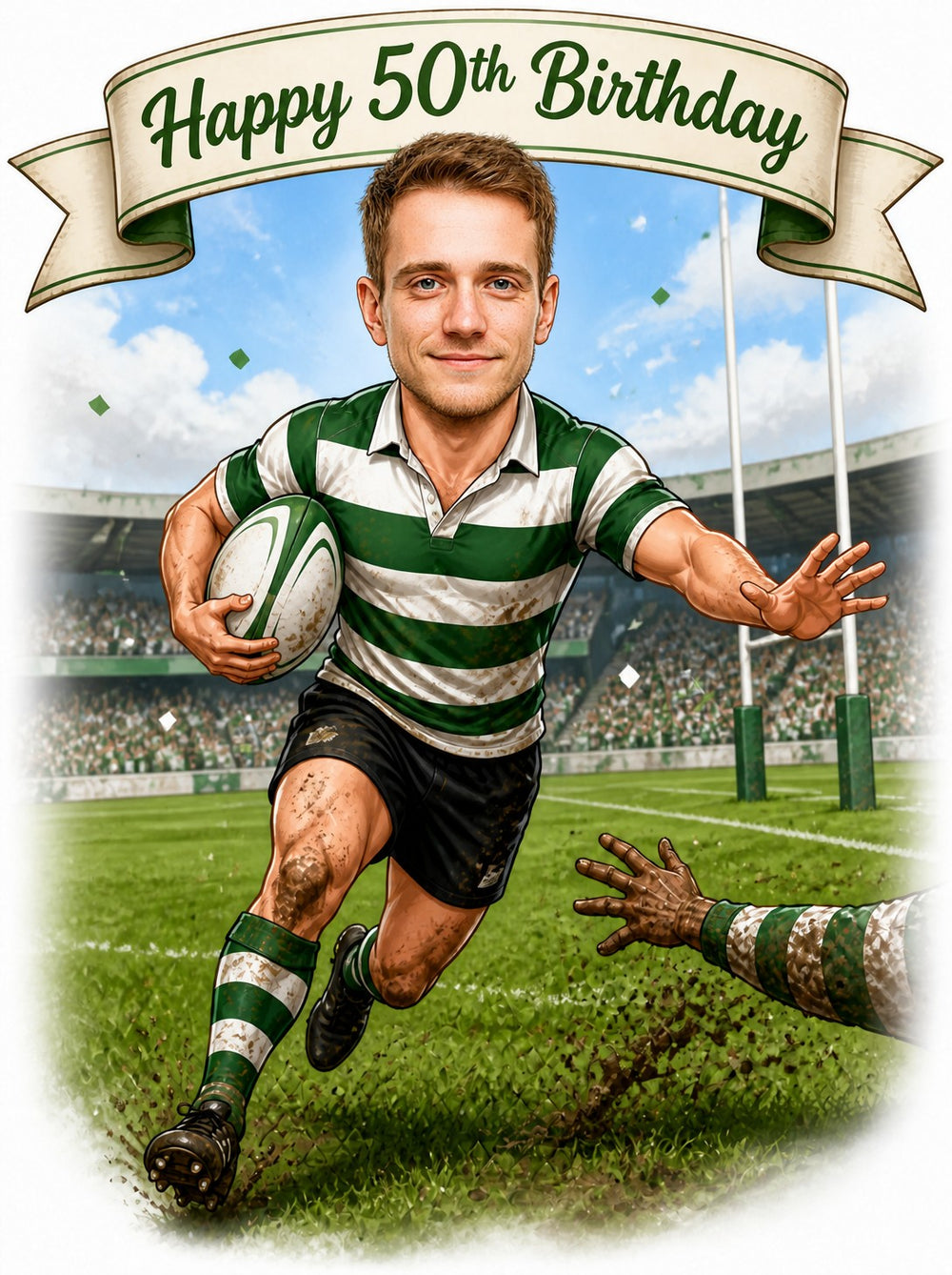 Rugby player caricature running with ball, green striped jersey, birthday banner overhead.