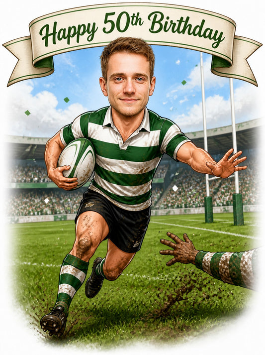 Rugby player caricature running with ball, green striped jersey, birthday banner overhead.