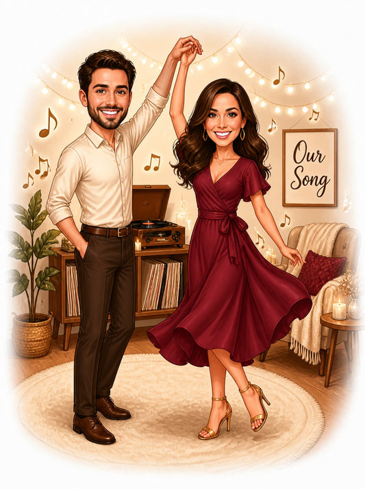 Dancing couple caricature with vinyl player, string lights and Our Song sign