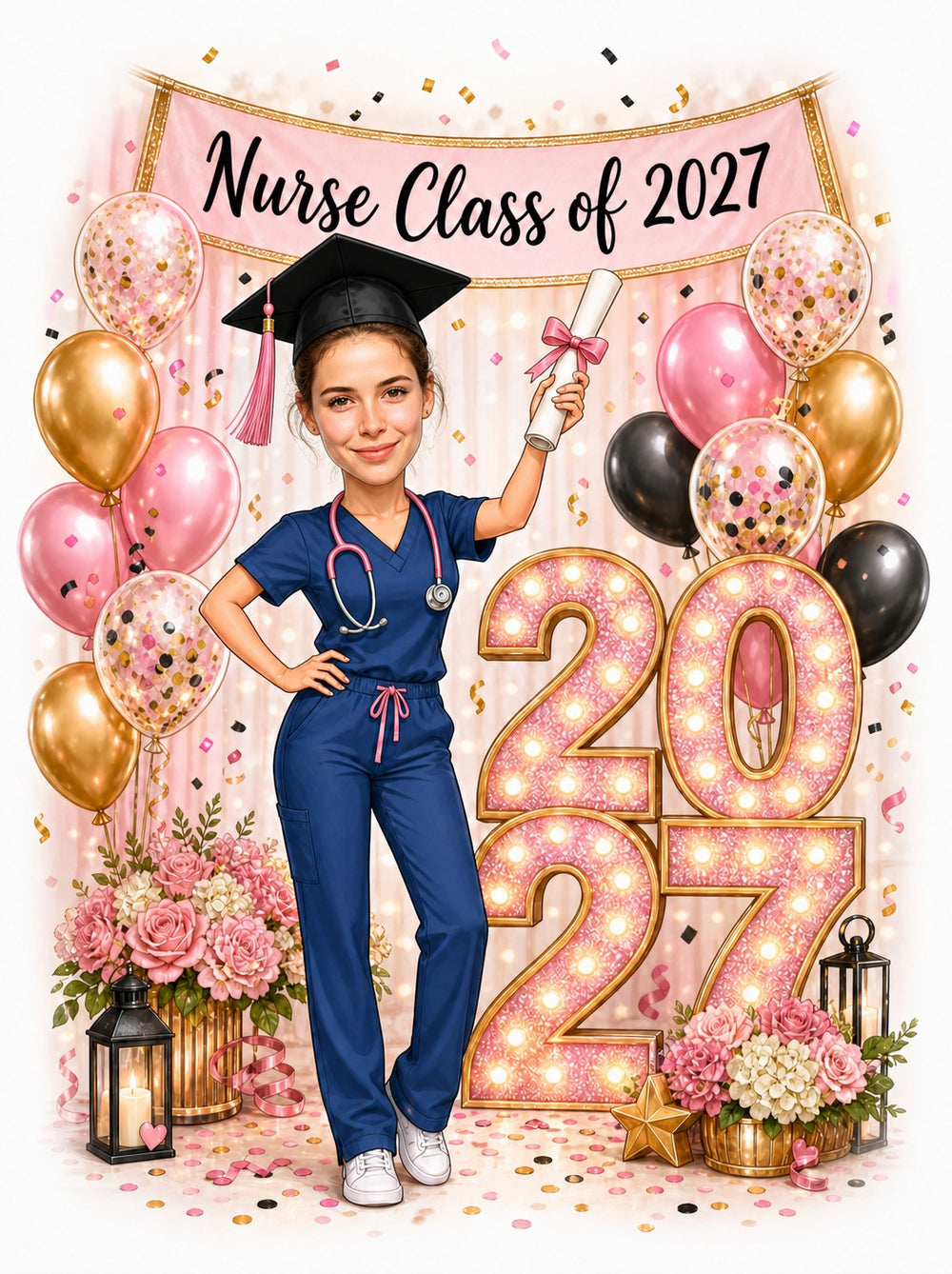Nurse graduation caricature with Class of 2027 banner, scrubs, diploma, and balloon decorations.