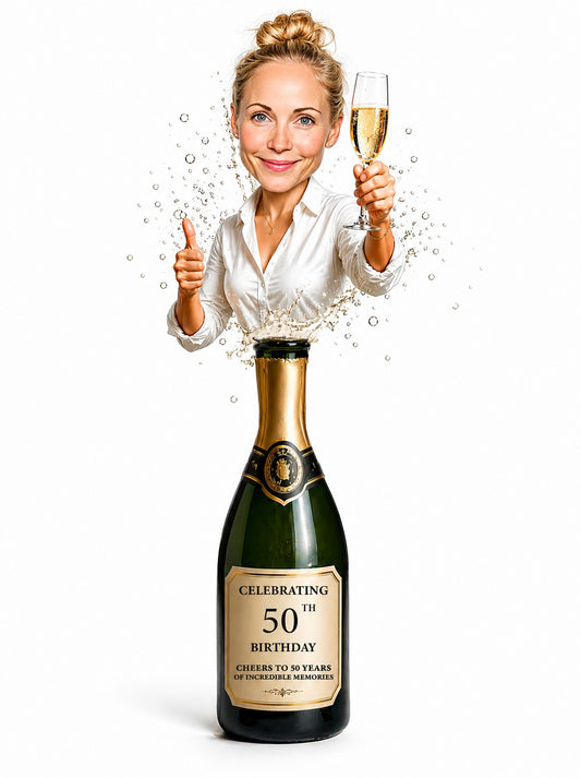 Woman bursting from champagne bottle, bubbles splash, holding flute, gold birthday label