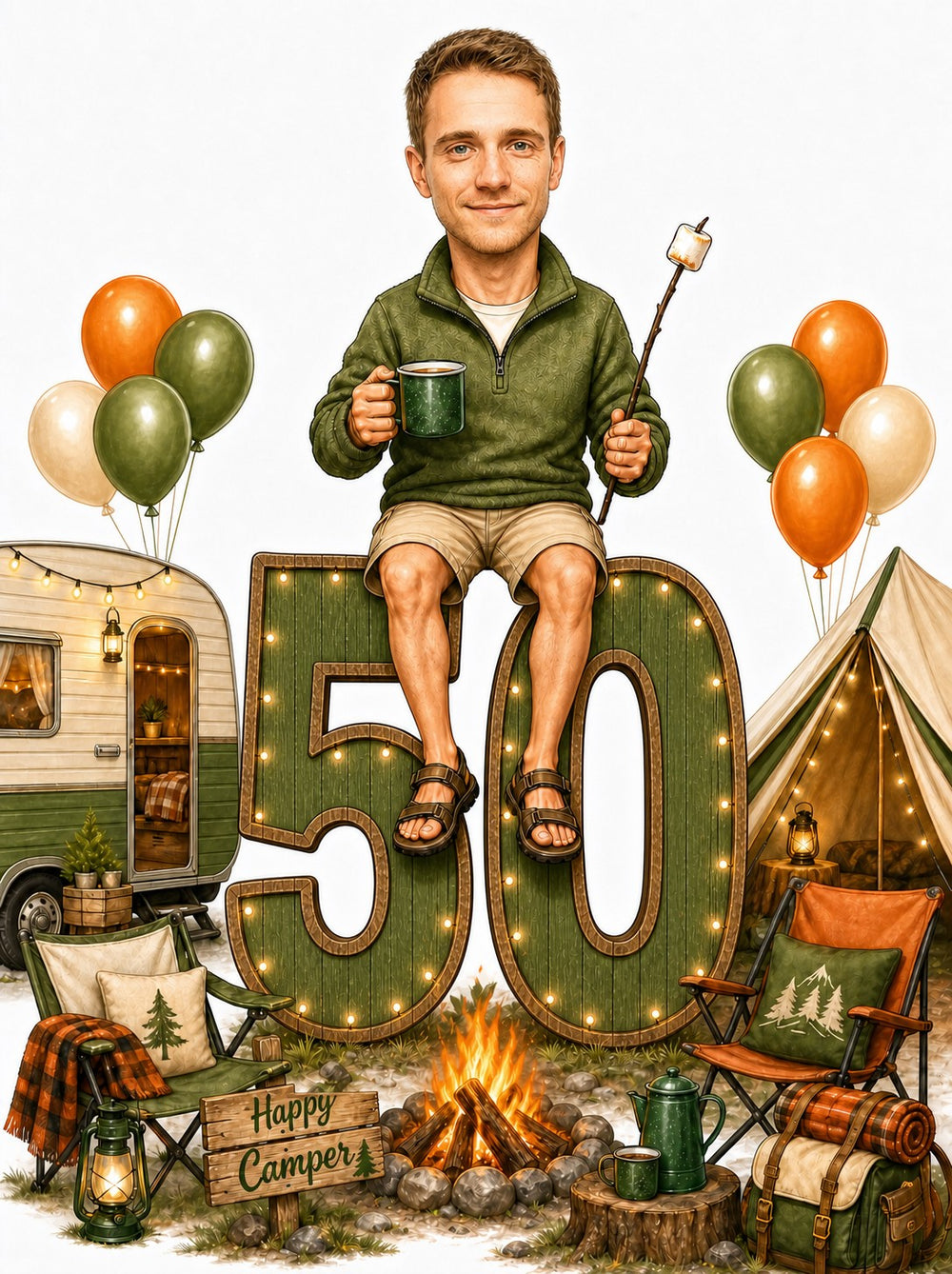 Man on lighted wooden 50 with campfire, camper, tent, balloons, marshmallow and mug.