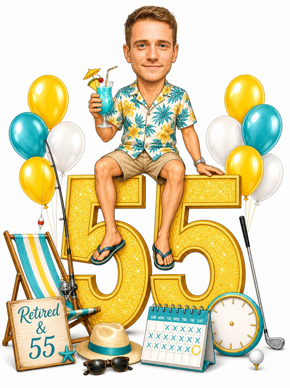 Man in tropical shirt sitting on giant 55 with cocktail and balloons