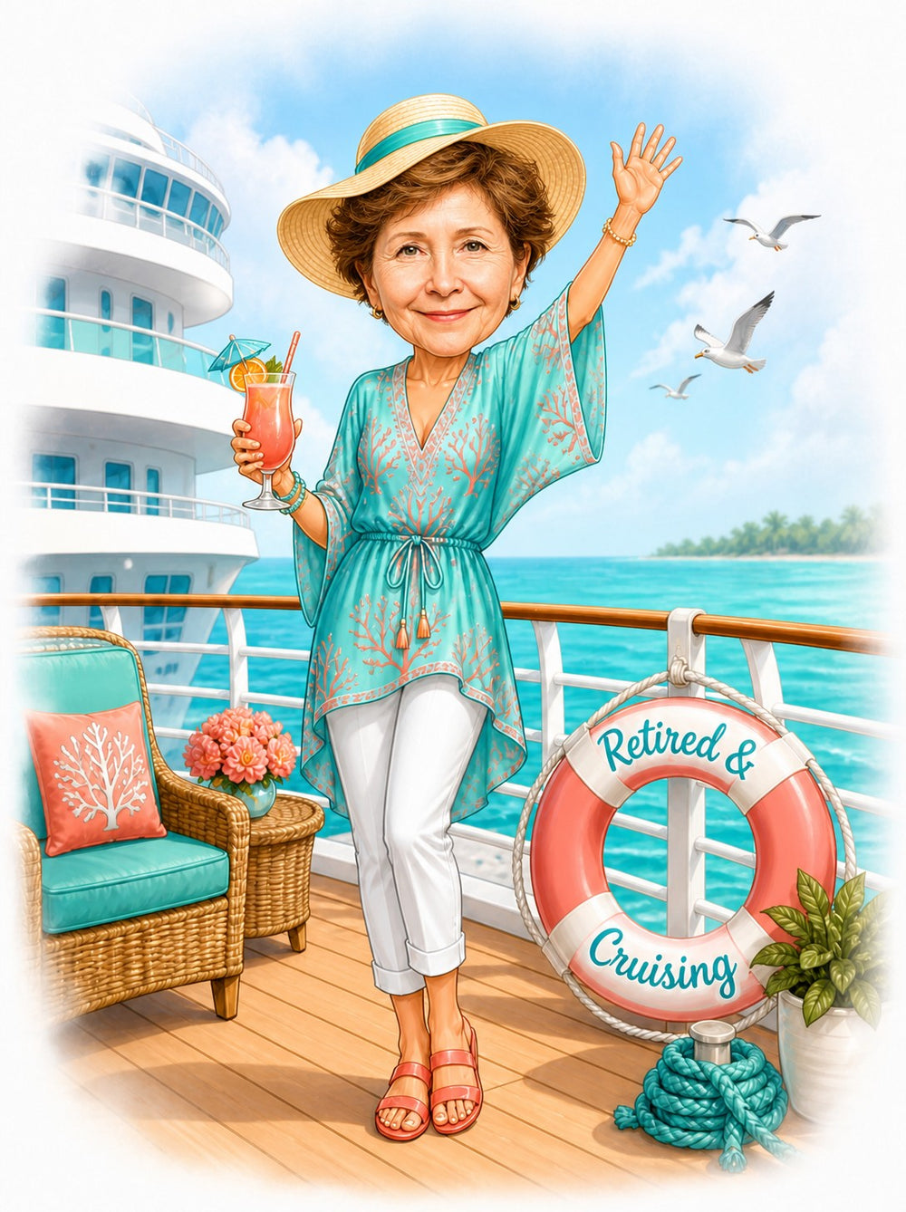 Woman waving on cruise deck, straw hat and coral drink, lifebuoy reads Retired & Cruising.