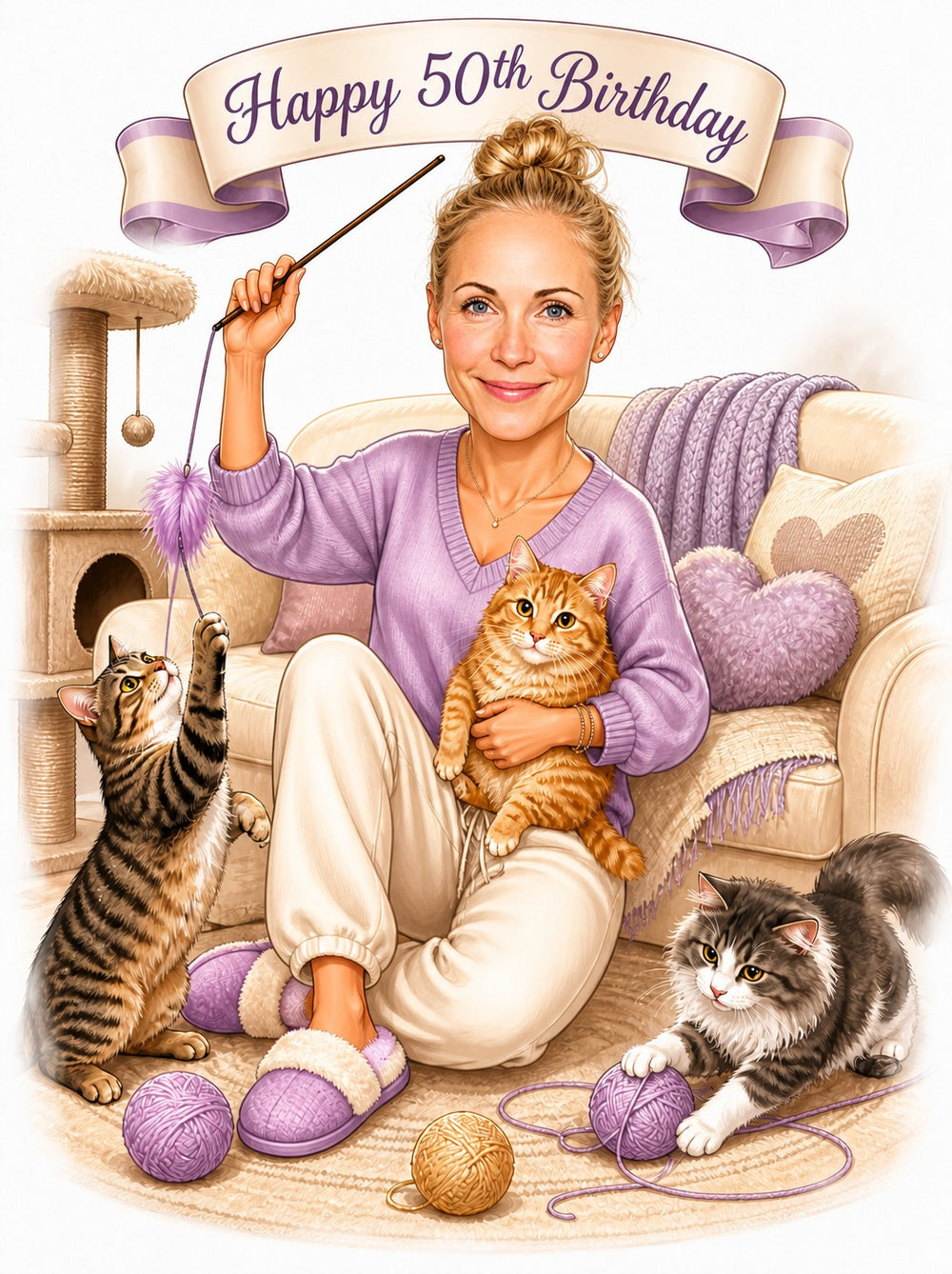 Woman in purple sweater with three cats, yarn balls, and Happy 50th Birthday banner.