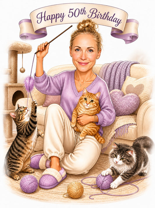 Woman in purple sweater with three cats, yarn balls, and Happy 50th Birthday banner.