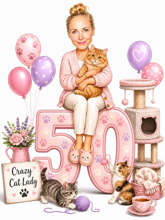 Woman seated on giant pink 50 with cats, yarn ball, paw balloons, cat tree.