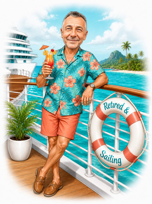 Retirement cruise caricature of man in hibiscus shirt, holding cocktail, lifebuoy reads Retired & Sailing.