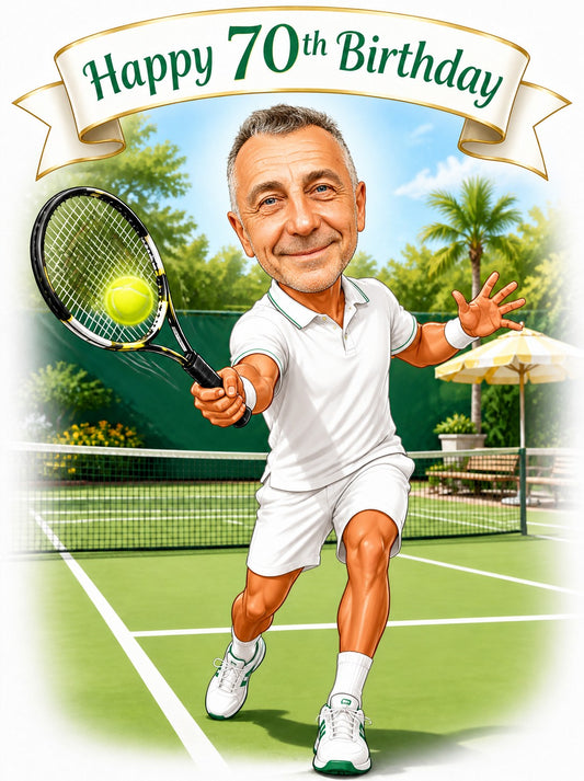Man in white tennis outfit hitting ball, Happy 70th Birthday banner on court.