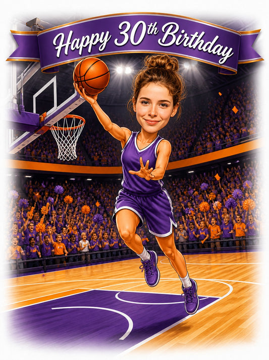Woman basketball player jumping for layup with Happy 30th Birthday banner
