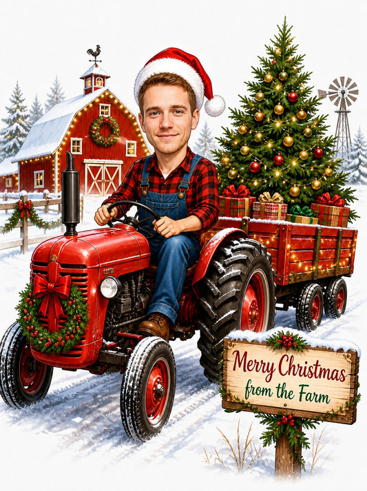 Man driving red tractor, Santa hat, barn, tree, gifts, sign reads Merry Christmas from the Farm.