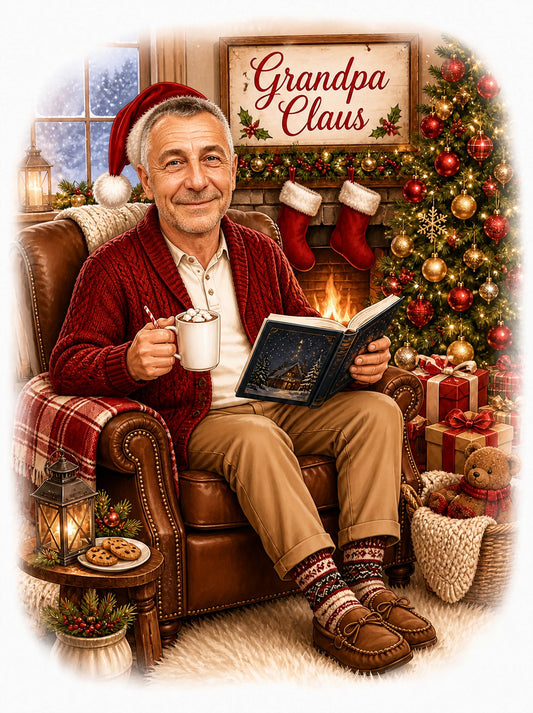 Cozy Grandpa Claus scene with Santa hat, cocoa mug, fireplace stockings, Christmas tree.