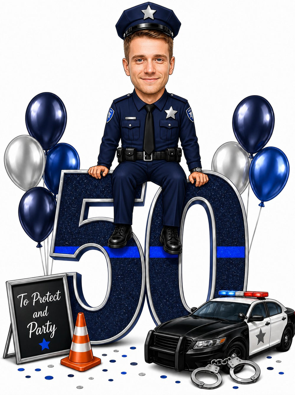 Male police officer caricature sitting on giant age 50 with patrol car and balloons.