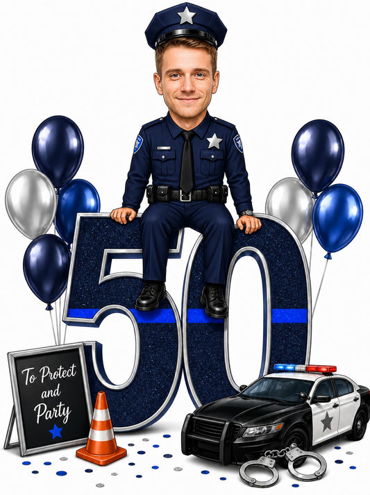 Male police officer caricature sitting on giant age 50 with patrol car and balloons.
