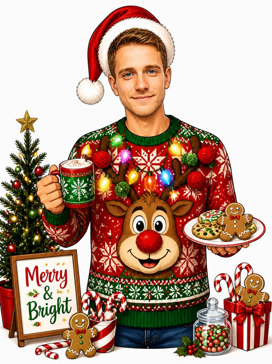 Man in Santa hat, reindeer sweater with lights, holding cocoa and cookies, Merry and Bright sign.