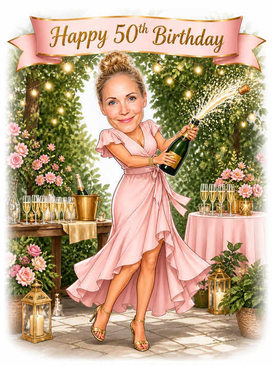 Woman in pink dress popping prosecco under Happy 50th Birthday banner with garden lights.