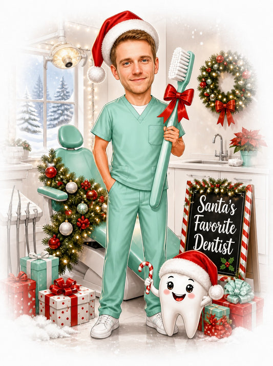 Dentist in mint scrubs with Santa hat and giant toothbrush in festive clinic.