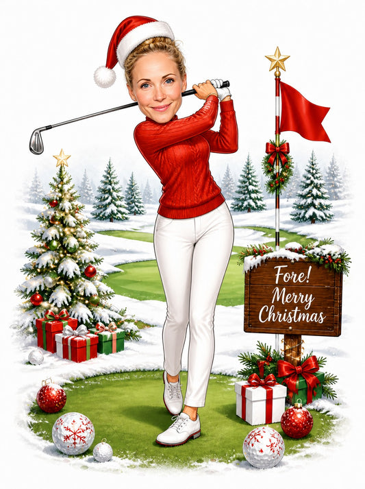 Woman golfer in Santa hat swinging on snowy course with gifts and Merry Christmas sign.