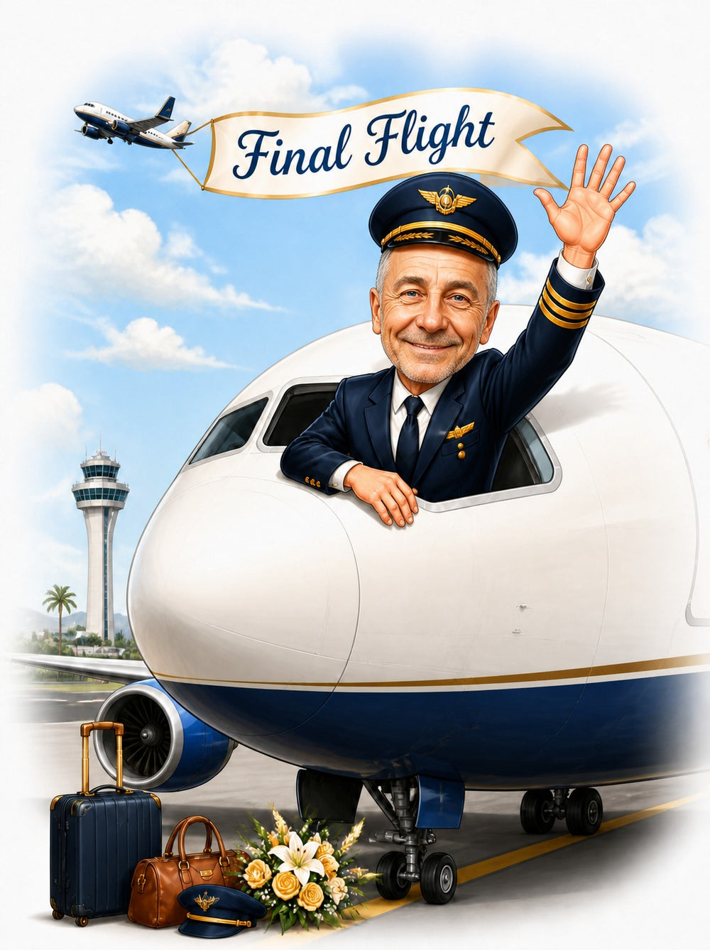 Retired pilot caricature waving from airplane cockpit, control tower and luggage visible.