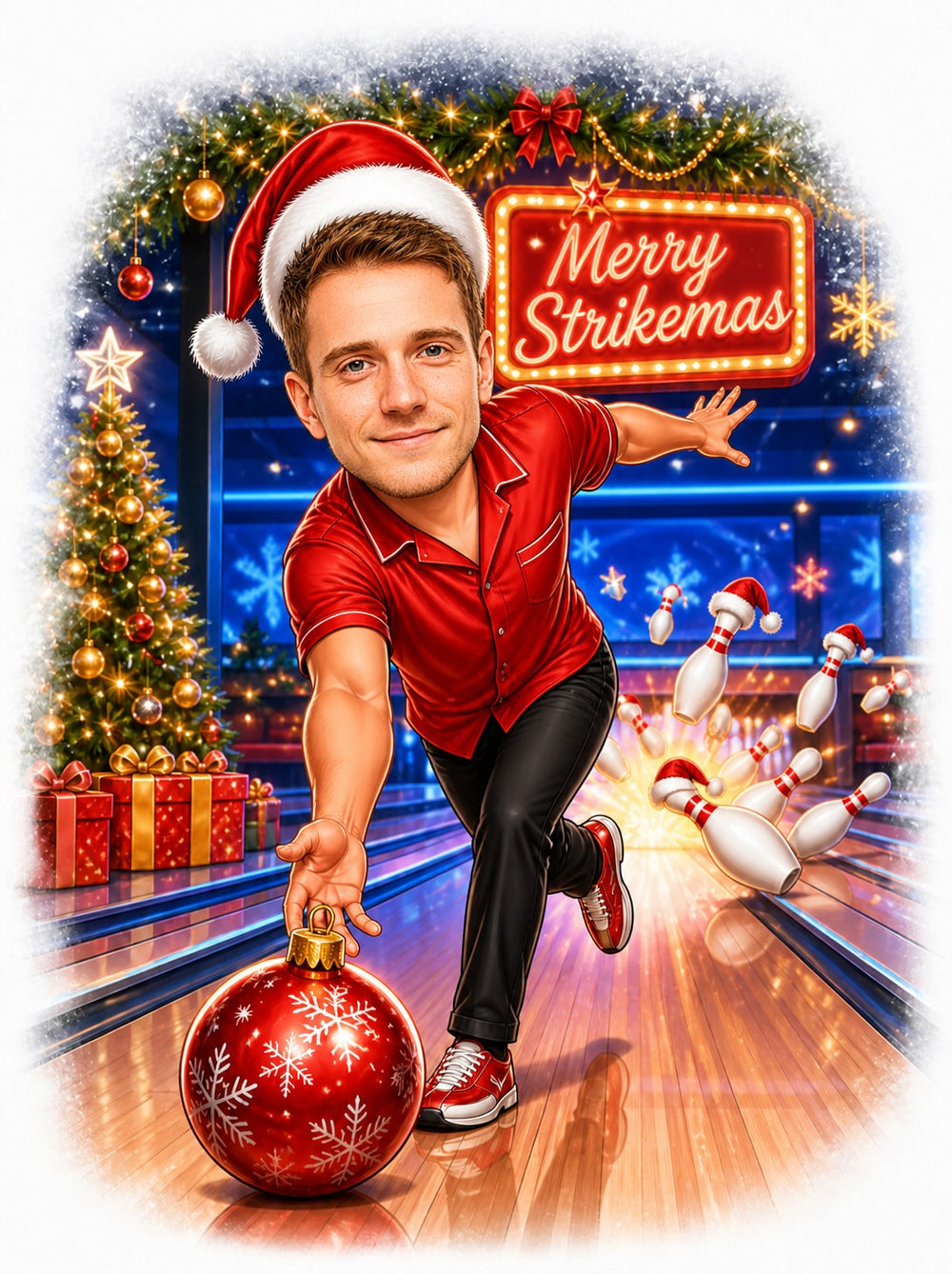 Man bowling in Santa hat with Merry Strikemas sign and ornament ball
