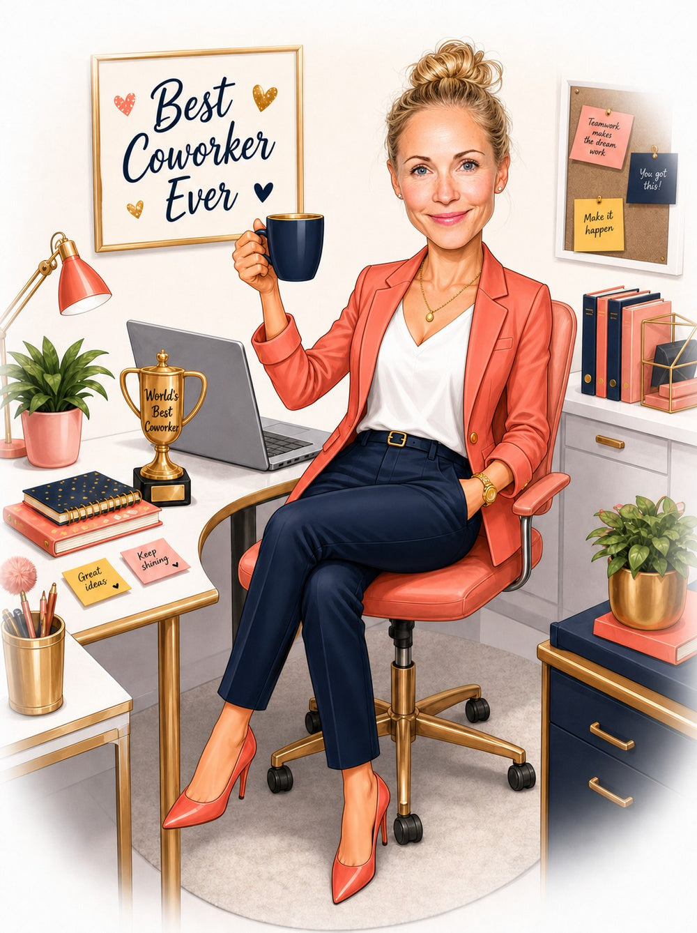 Woman in coral blazer at desk, Best Coworker Ever sign, coffee mug, and trophy.