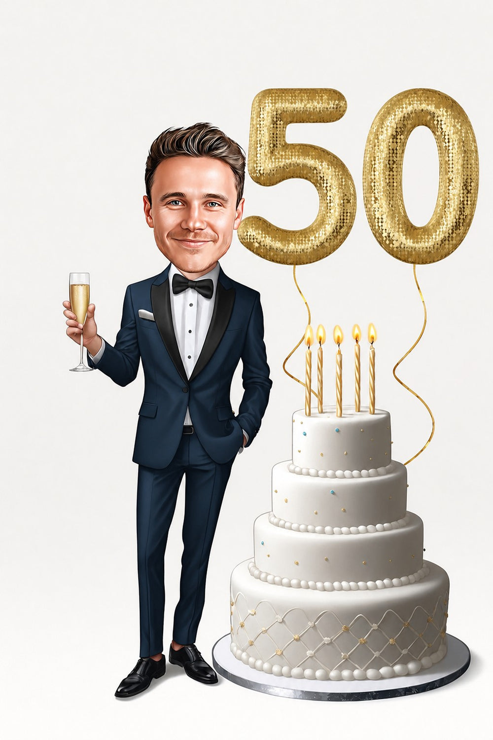Tuxedoed man with champagne beside tiered cake and large gold 50 balloons.
