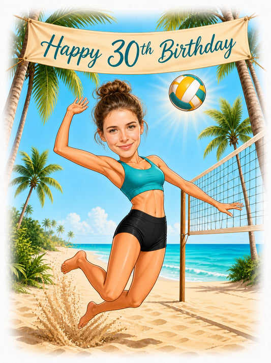 Woman spiking volleyball on tropical beach with Happy 30th Birthday banner
