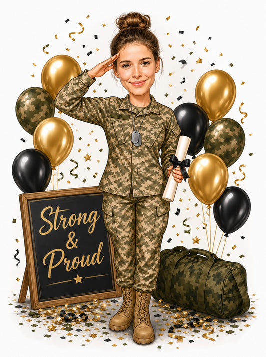 Female soldier saluting in camo with diploma, balloons, Strong & Proud sign.