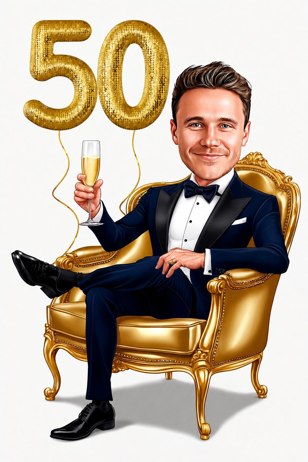 Man in tuxedo raising champagne seated on ornate golden armchair with gold 50 balloons