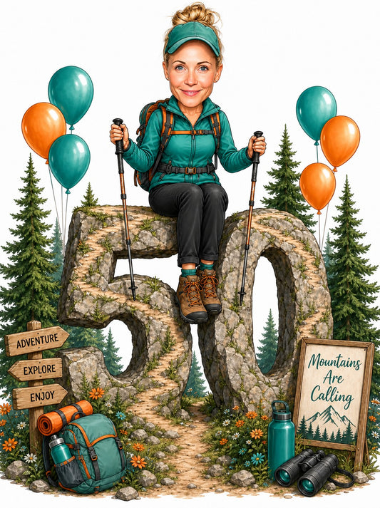 Woman hiker sits atop giant stone 50 with trekking poles and forest balloons