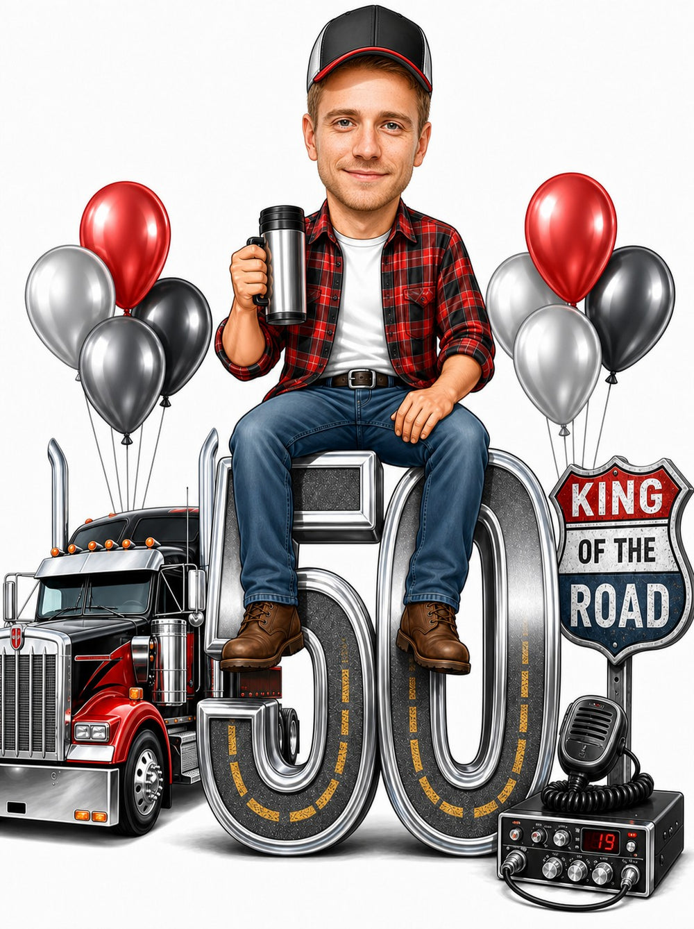 Truck driver sits on giant age number beside red big rig and road sign.