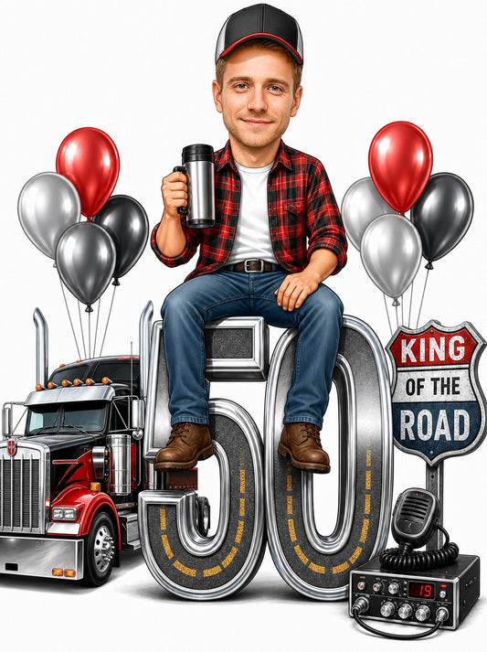 Truck driver sits on giant age number beside red big rig and road sign.