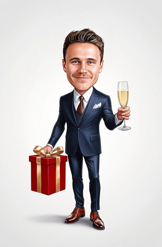 Stylish man in navy suit holding champagne and red gift box caricature