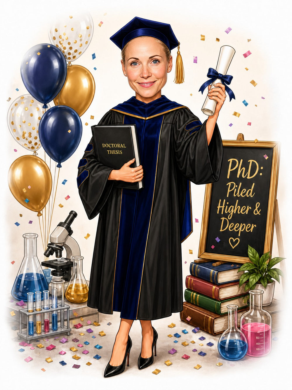 Female PhD graduate in cap and gown holding diploma in lab scene