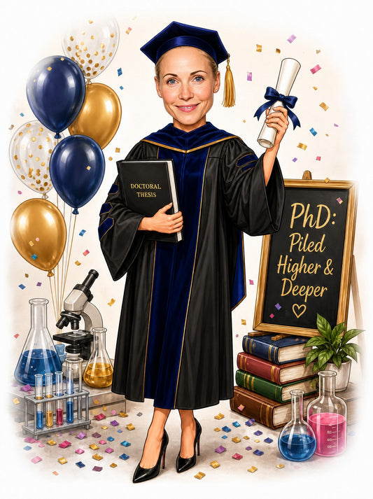 Female PhD graduate in cap and gown holding diploma in lab scene