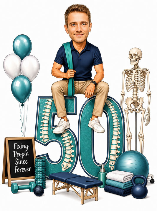 Male physical therapist on giant 50 with spine details, holding teal resistance band, skeleton nearby.