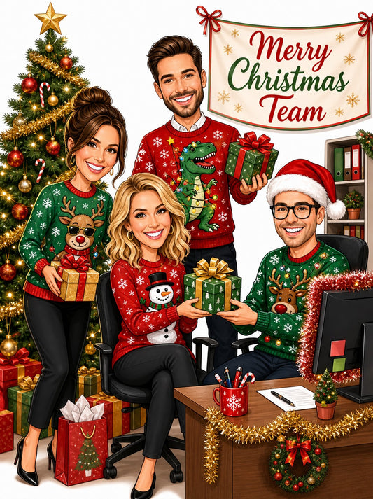 Office Christmas team caricature with Merry Christmas Team banner, sweaters, gifts and desk decor