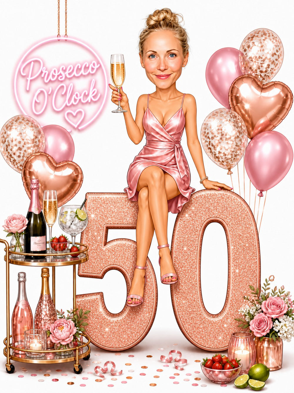 Woman on giant 50 holding prosecco, pink dress, neon Prosecco O’Clock sign.