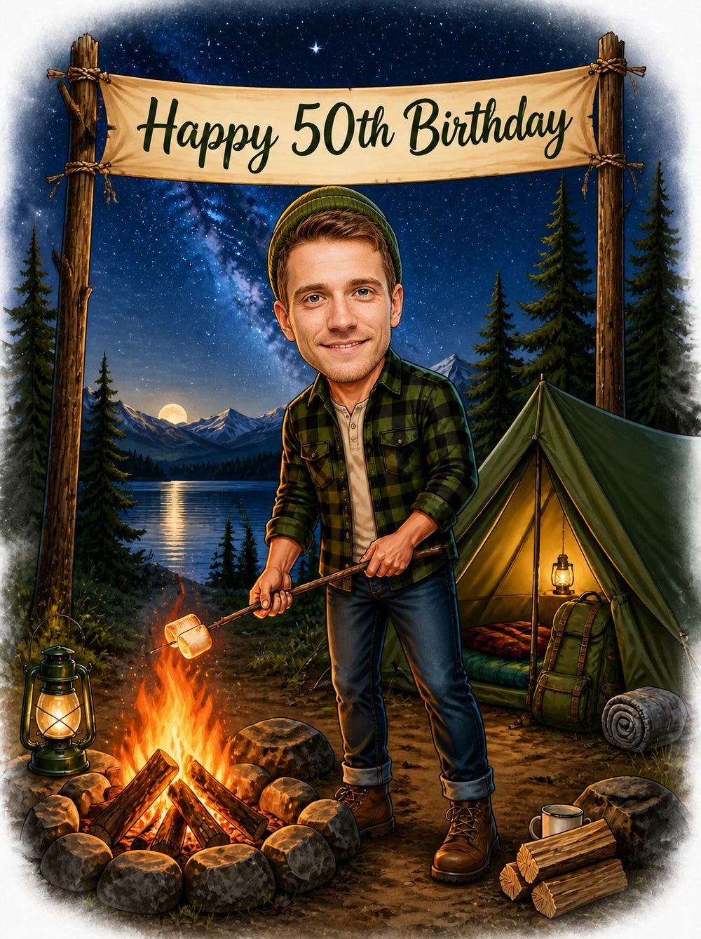 Man roasting marshmallow at campfire, green tent and lantern, Happy 50th Birthday banner.