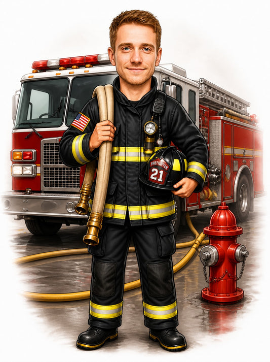 Male firefighter caricature with fire truck, hose, helmet 21, red hydrant.