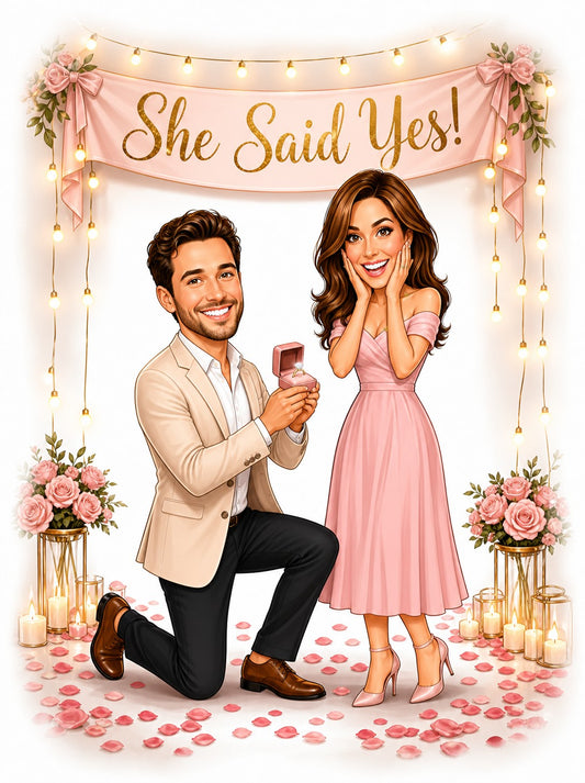 Romantic proposal caricature with She Said Yes banner, rose petals, candles, and ring box.