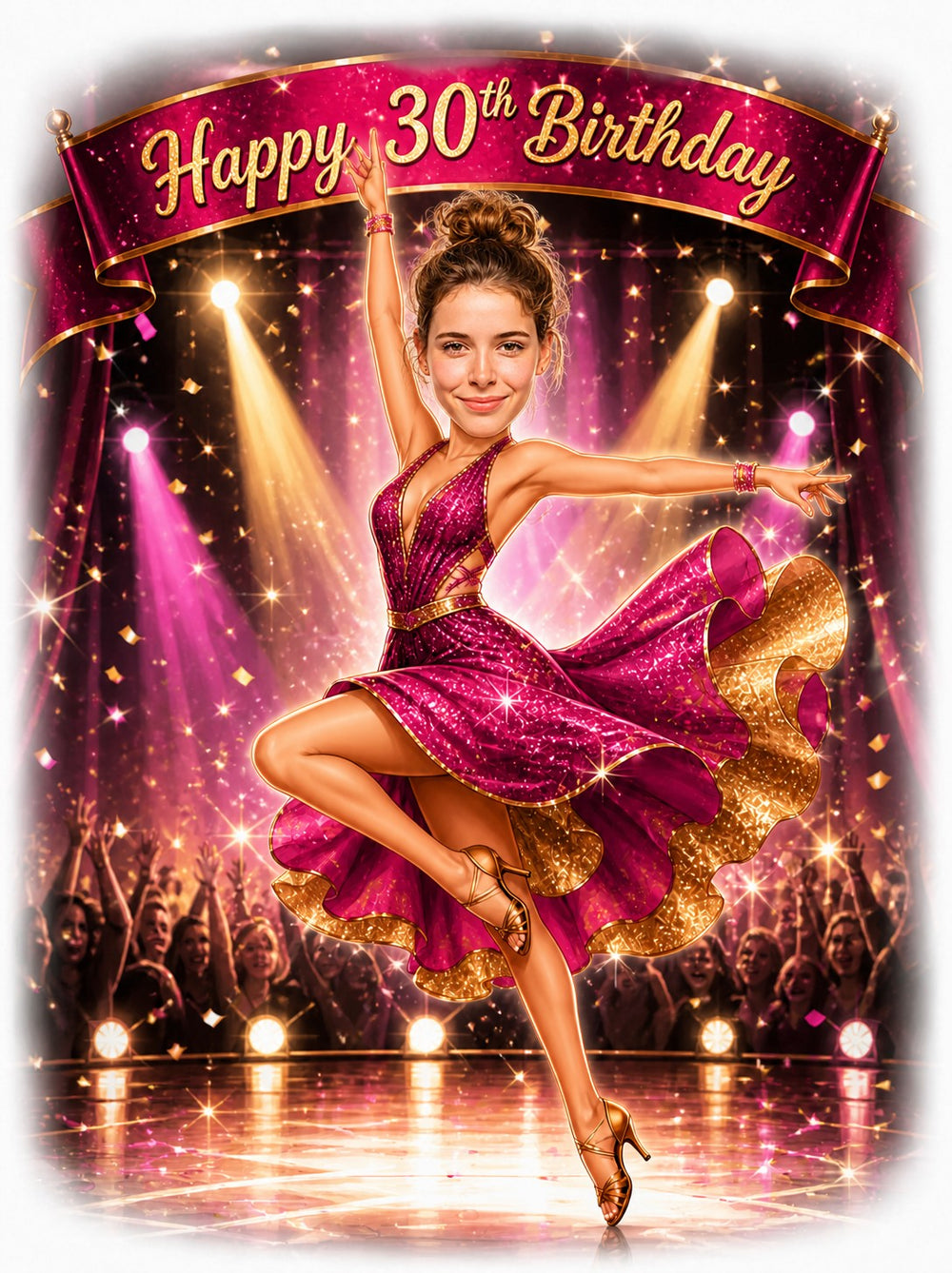 Woman dancer birthday caricature on stage, pink sequin dress, gold trim, spotlight