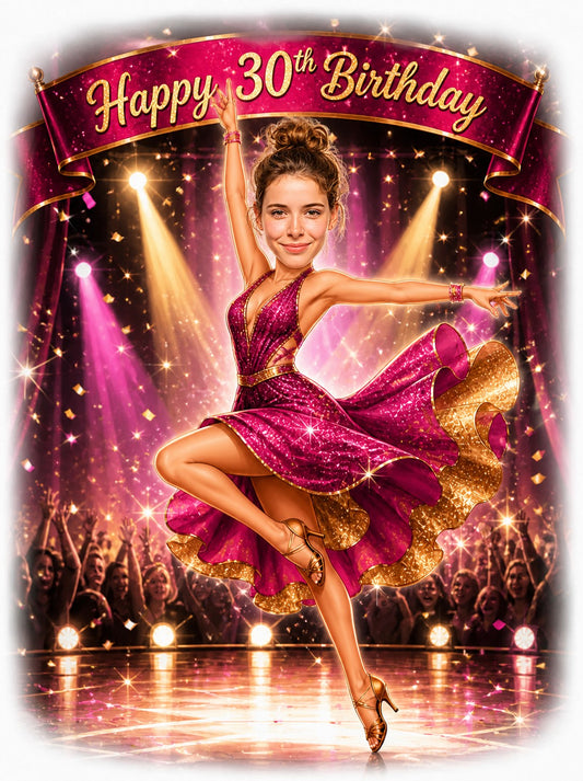 Woman dancer birthday caricature on stage, pink sequin dress, gold trim, spotlight