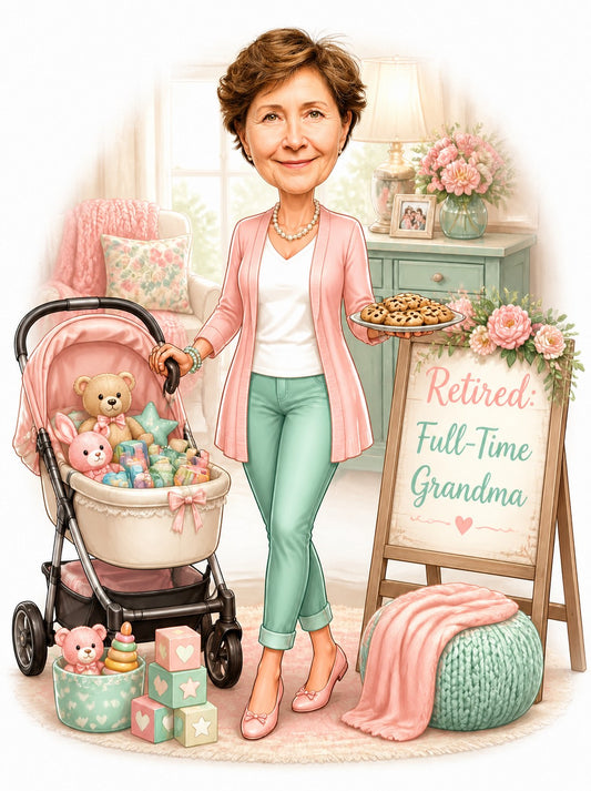 Retired grandma caricature holding cookies beside stroller and Retired: Full-Time Grandma sign.