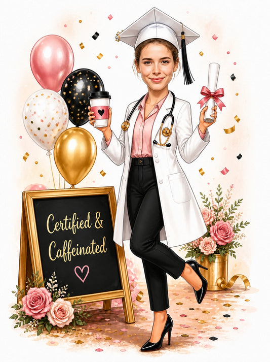 Female PA graduate in white coat with stethoscope, diploma, balloons, and chalkboard sign.
