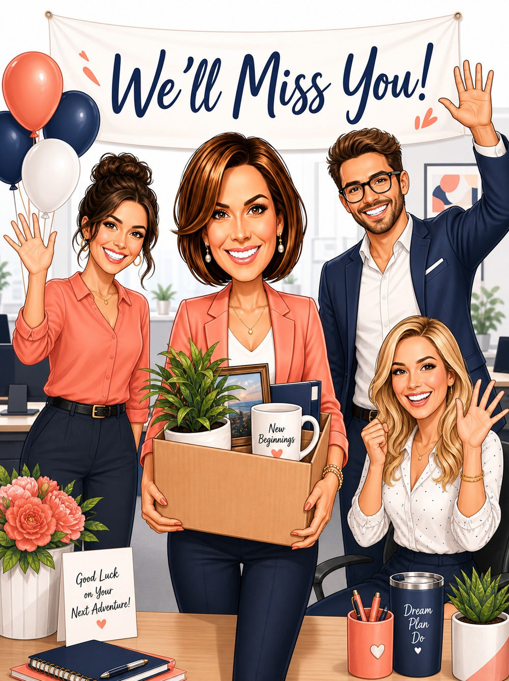 Office team farewell caricature with We’ll Miss You banner and moving box