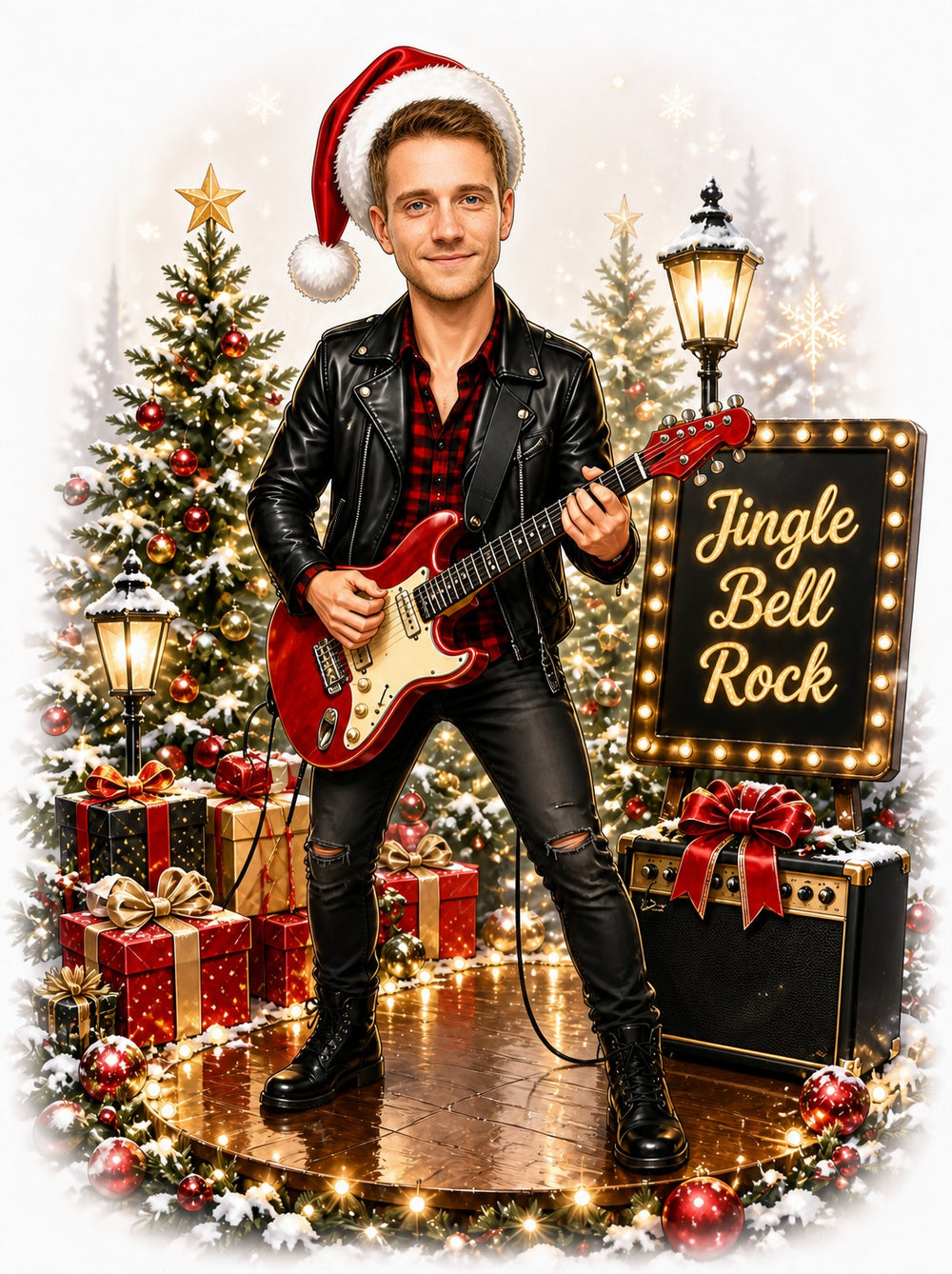 Man in Santa hat playing red guitar, Jingle Bell Rock sign, amp with bow, Christmas trees.