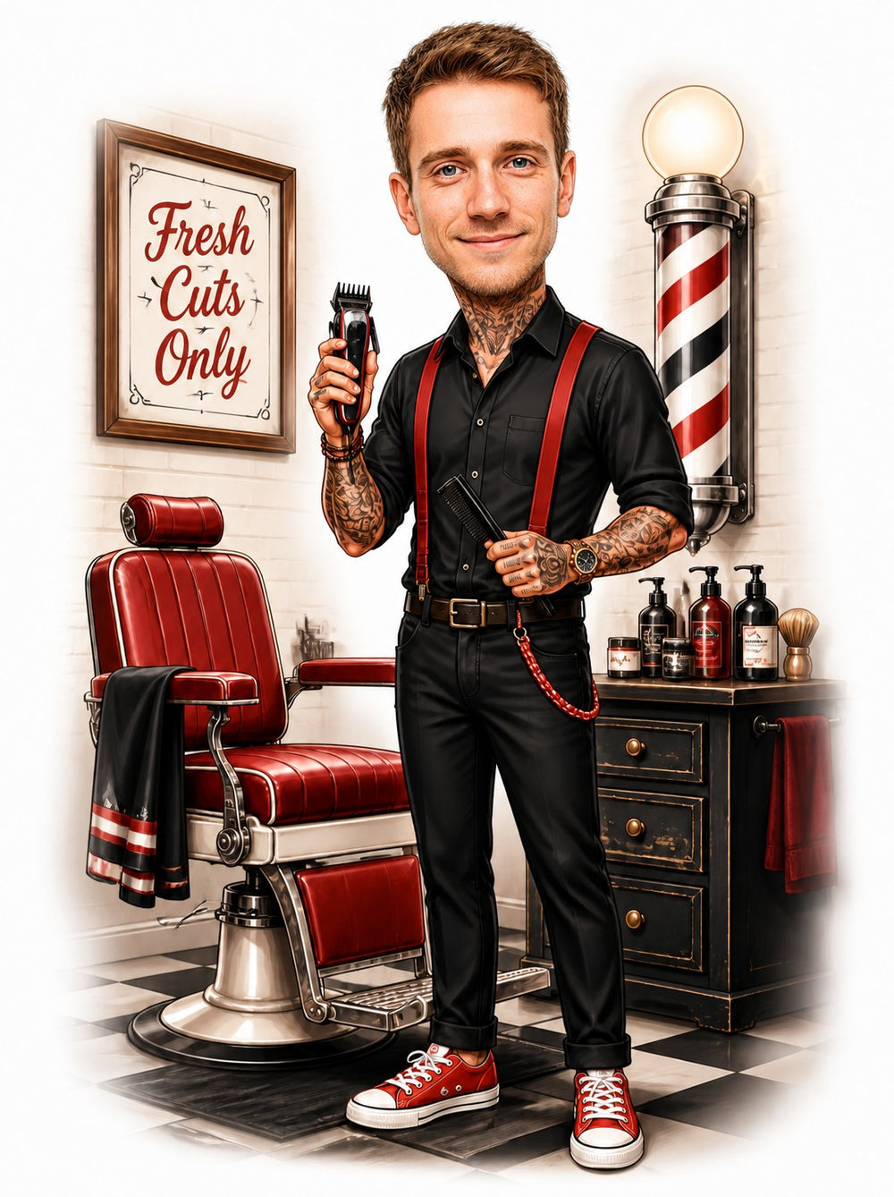 Barber caricature with red chair, striped pole and Fresh Cuts Only sign