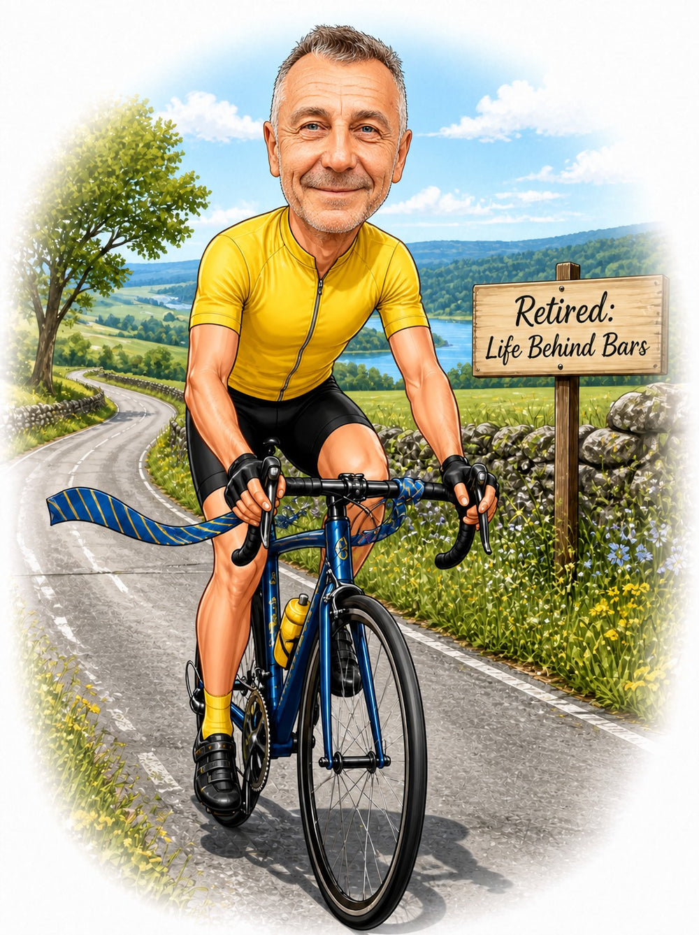 Cyclist retirement caricature with yellow jersey, blue road bike, Retired sign, and flapping tie.