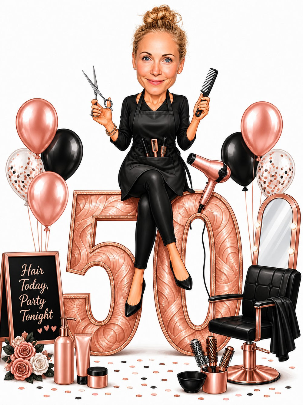 Hairstylist birthday caricature with rose gold 50, scissors, comb, salon chair and balloons.